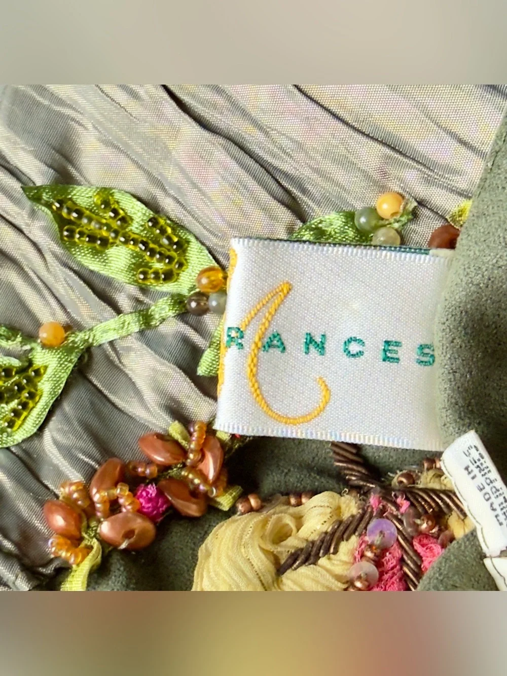 Vintage Mary Frances 100% Silk Beaded Scarf Olive Green Floral Tulip Fringe